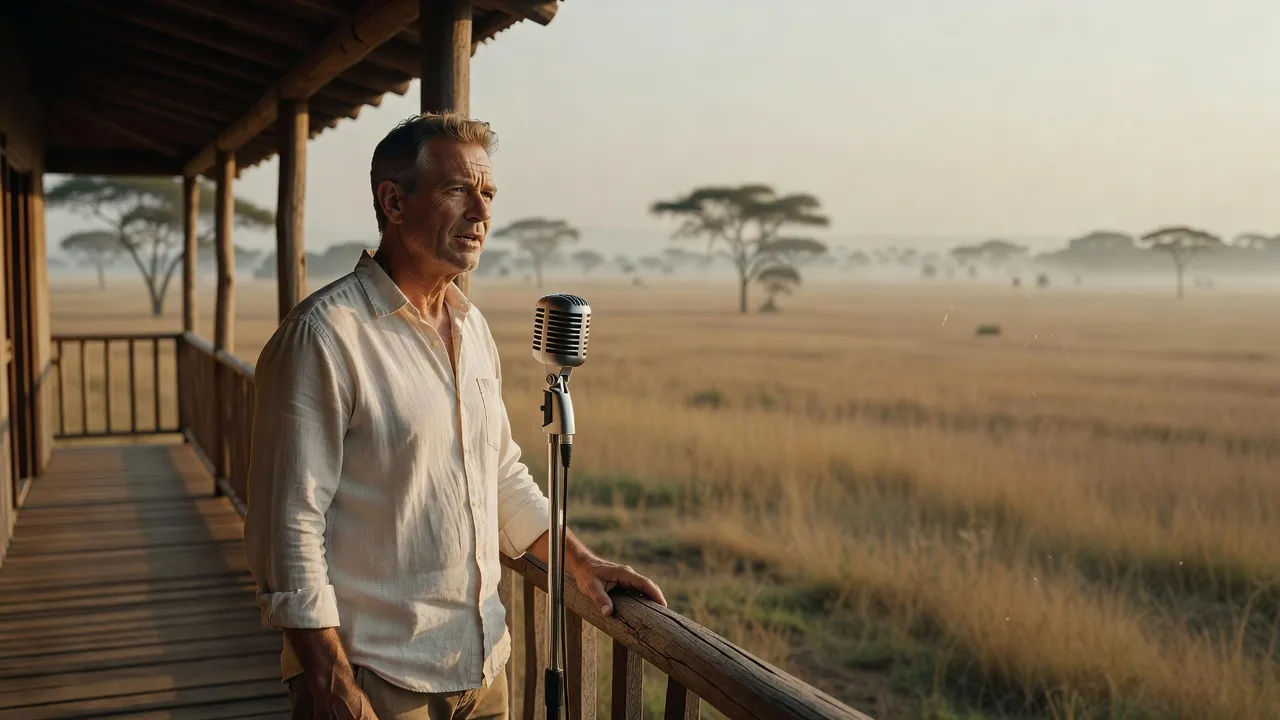 Safari narrator beside a savanna landscape recording a grounded line