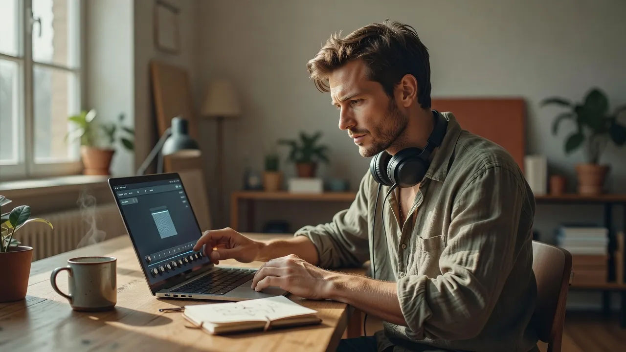 Editor adjusting a South African accent voice prompt on a laptop
