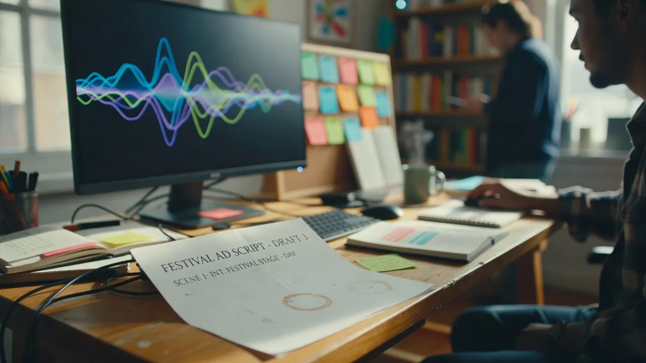 Script for a festival ad becoming a Spanish accent voiceover waveform