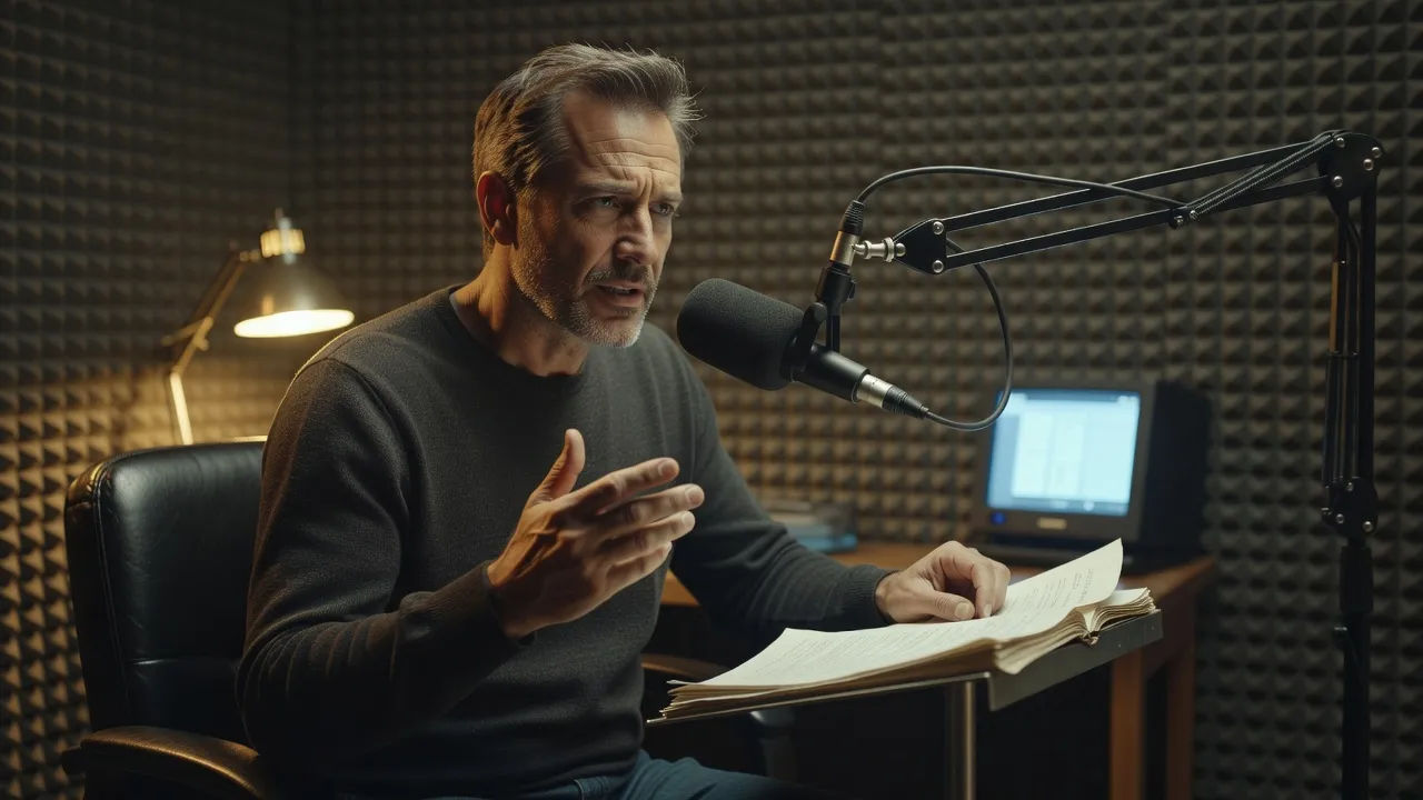 Voice actor recording Spanish dubbing in a studio booth