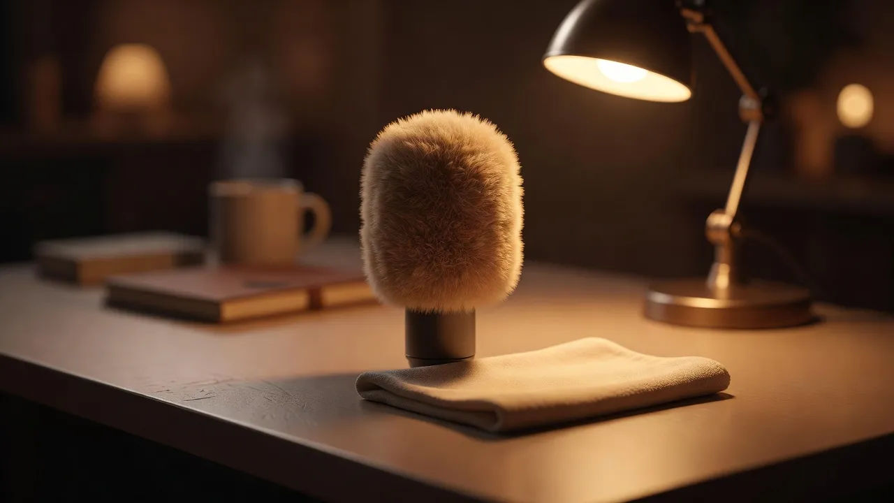 Microphone with a soft windscreen on a tidy desk