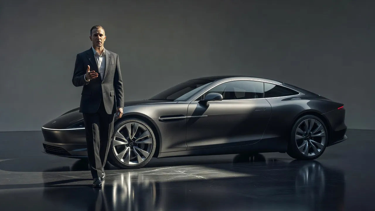 Confident presenter standing beside a sleek car under studio lights