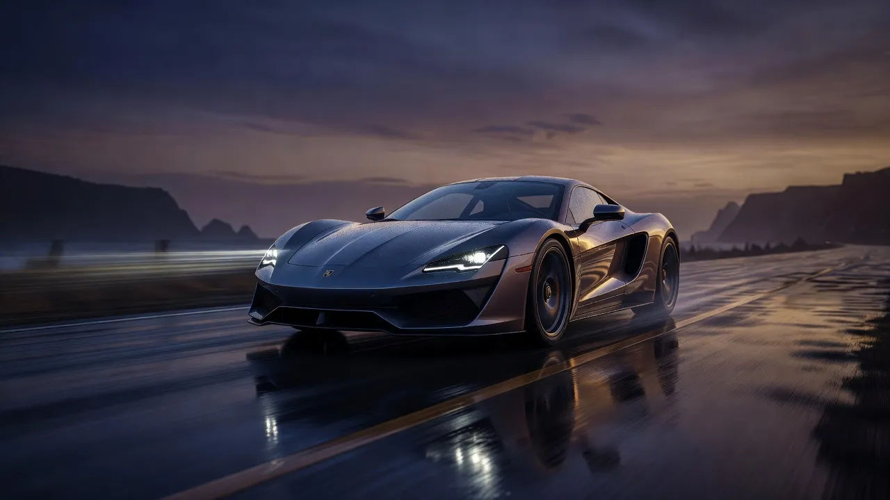 Sports car on a rain-slicked road at dusk