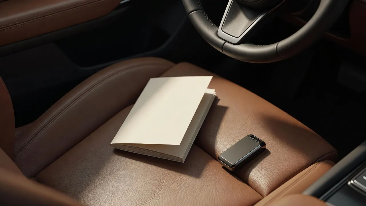 Commercial script beside a steering wheel and key fob
