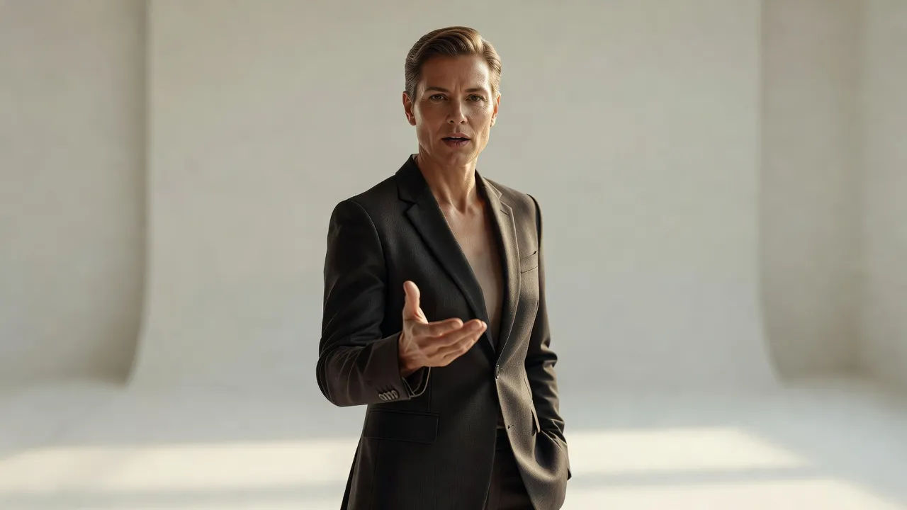 Brand spokesperson speaking to camera on a clean studio set