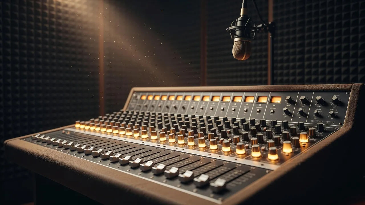 Recording console glowing in a bright commercial sound booth