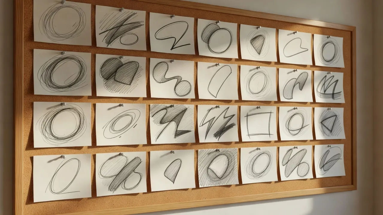 Storyboard frames for a television commercial pinned to a wall