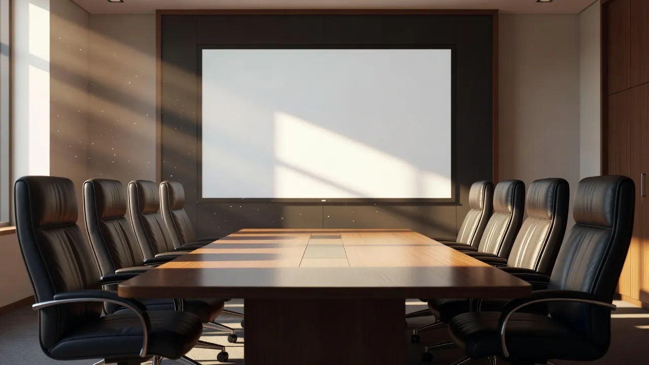 Clean conference room with a presentation on the screen