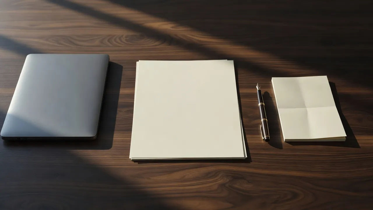 Presentation script beside a laptop and notepad on a desk