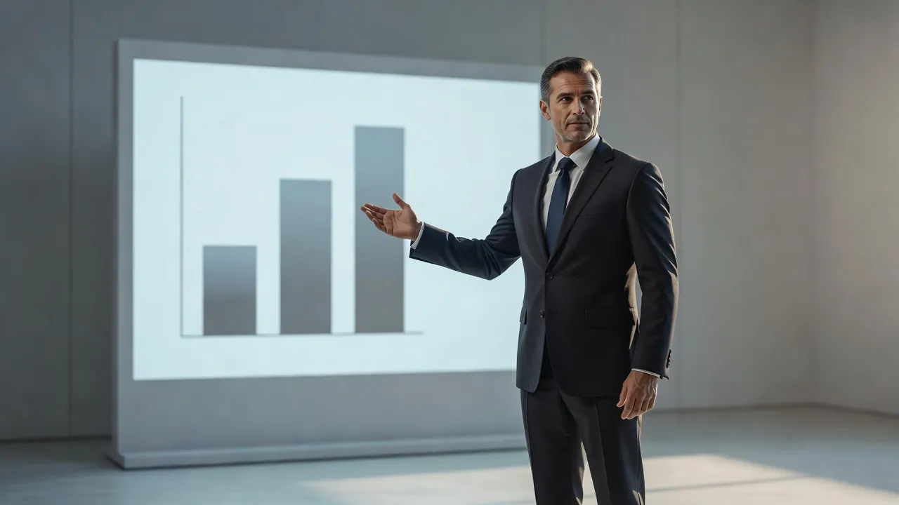 Confident host gesturing beside a simple bar chart