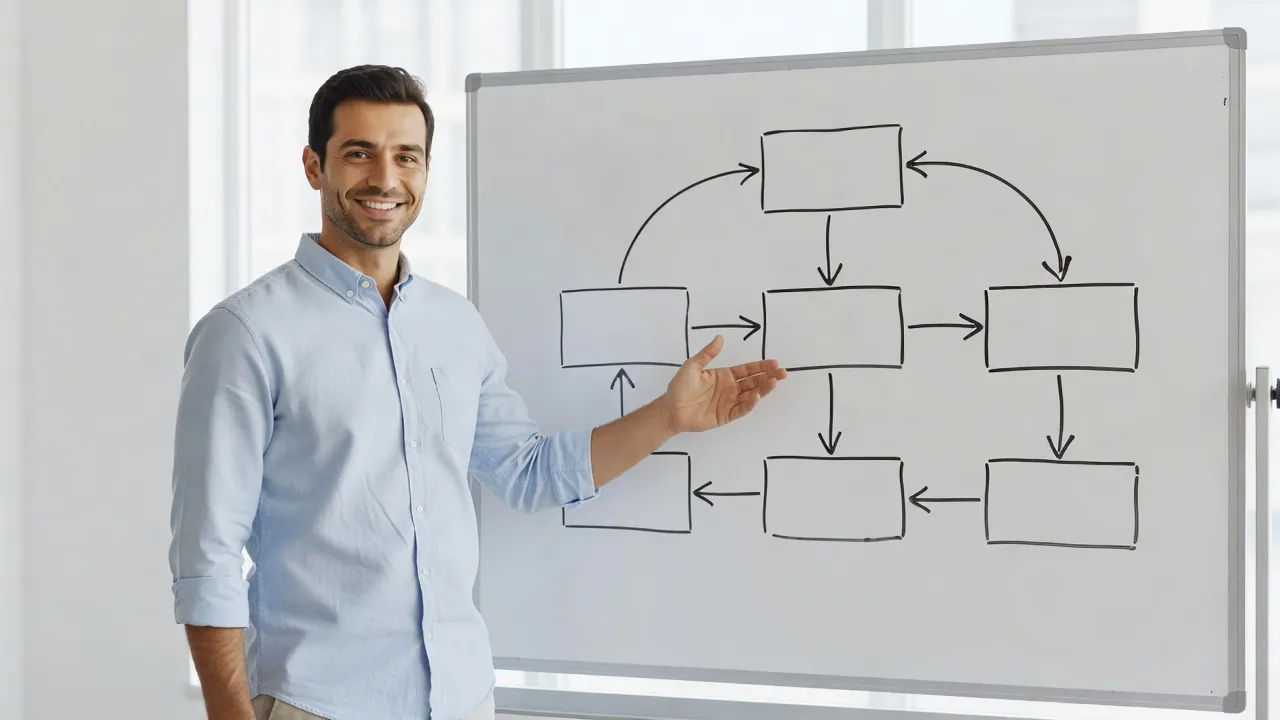 Friendly presenter explaining a flowchart on a clean set