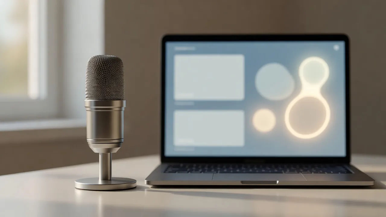 Microphone beside a laptop showing a product tour