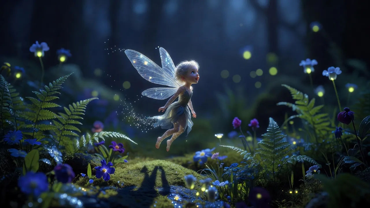 Luminous light sprite hovering over a moonlit glade