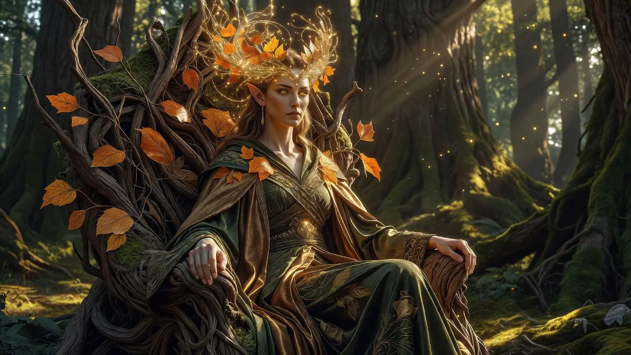 Regal high-fae queen crowned with leaves and light