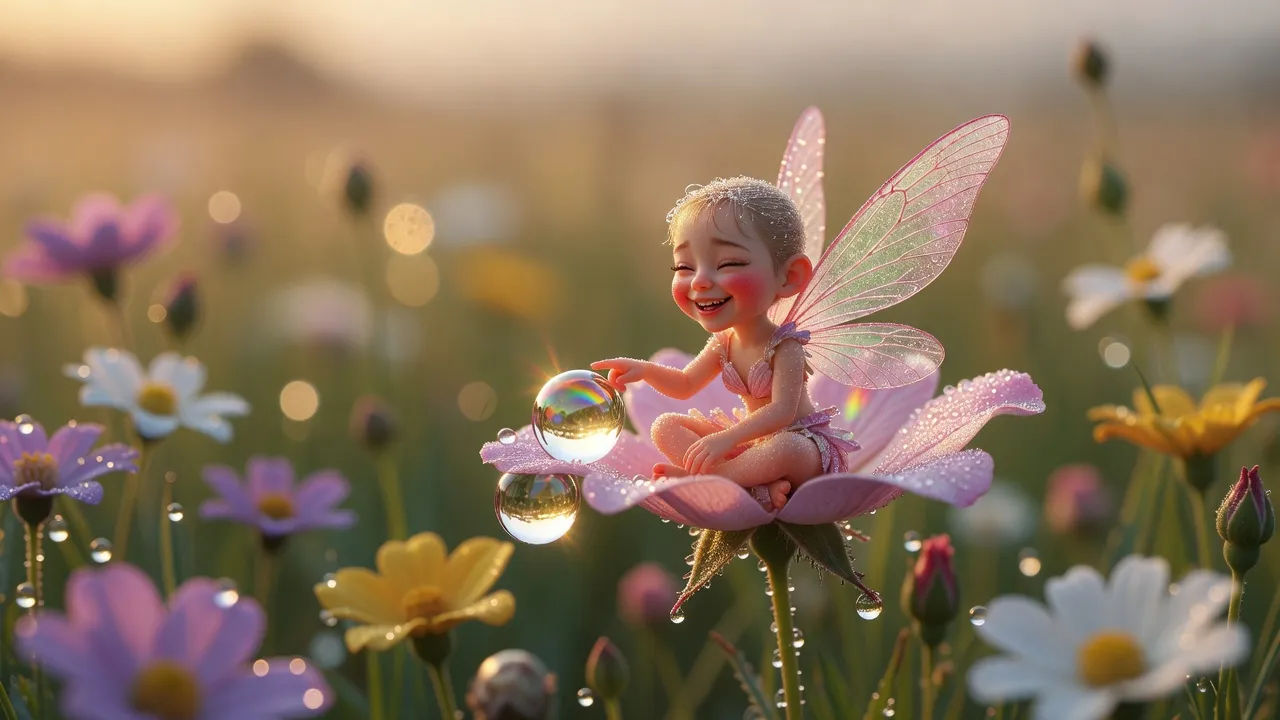 Tiny flower fairy perched on a dew-covered petal
