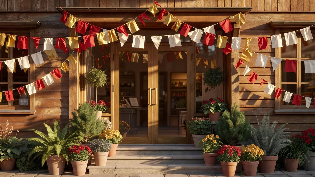 Bright storefront decorated for a seasonal sale