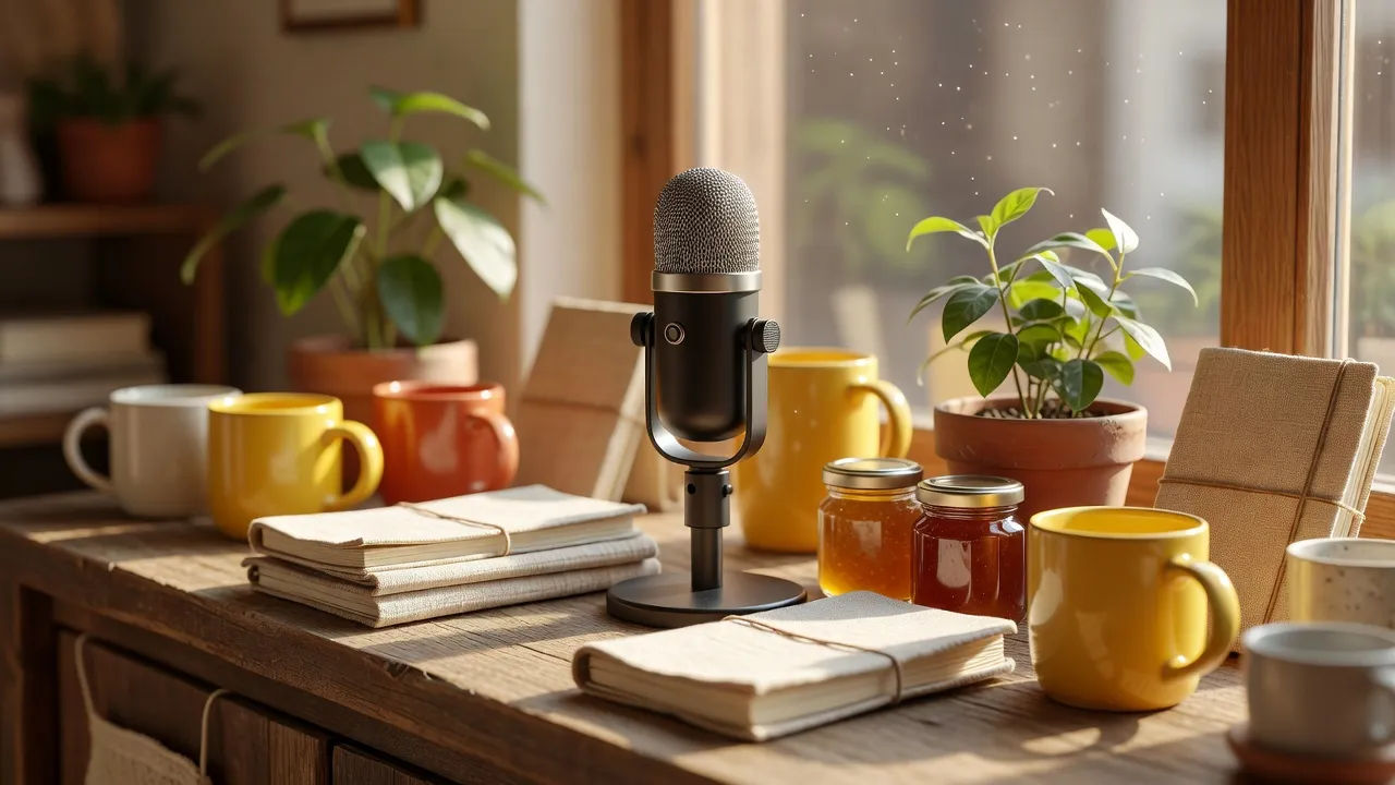 Microphone beside a cheerful shop display