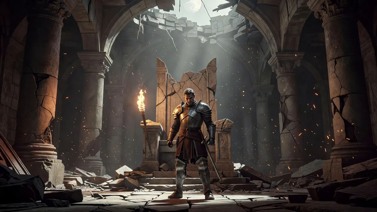 Armored hero lit by torchlight before a ruined throne