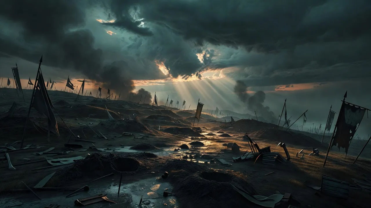 Vast battlefield at dusk under a stormy sky
