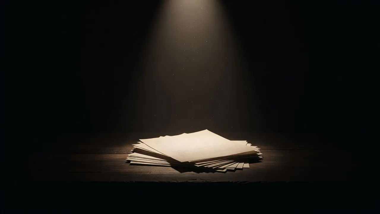 Script pages lit by a single dramatic spotlight