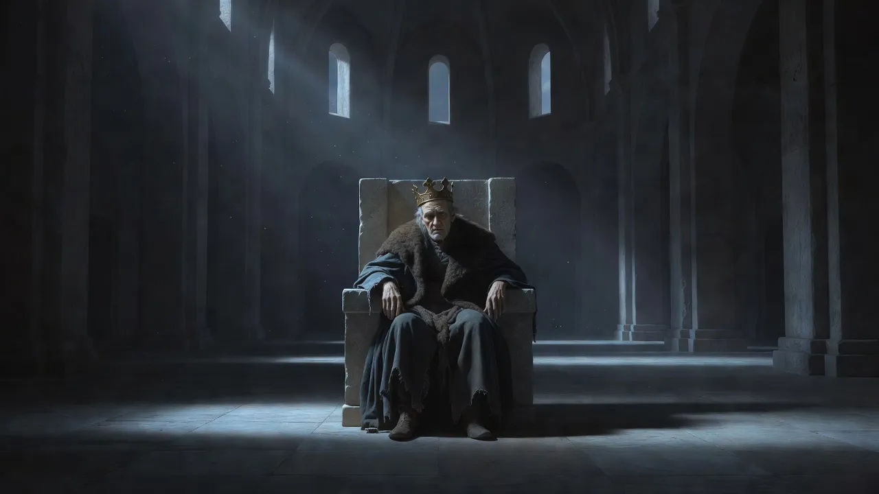 Weary crowned king seated alone in a cold hall
