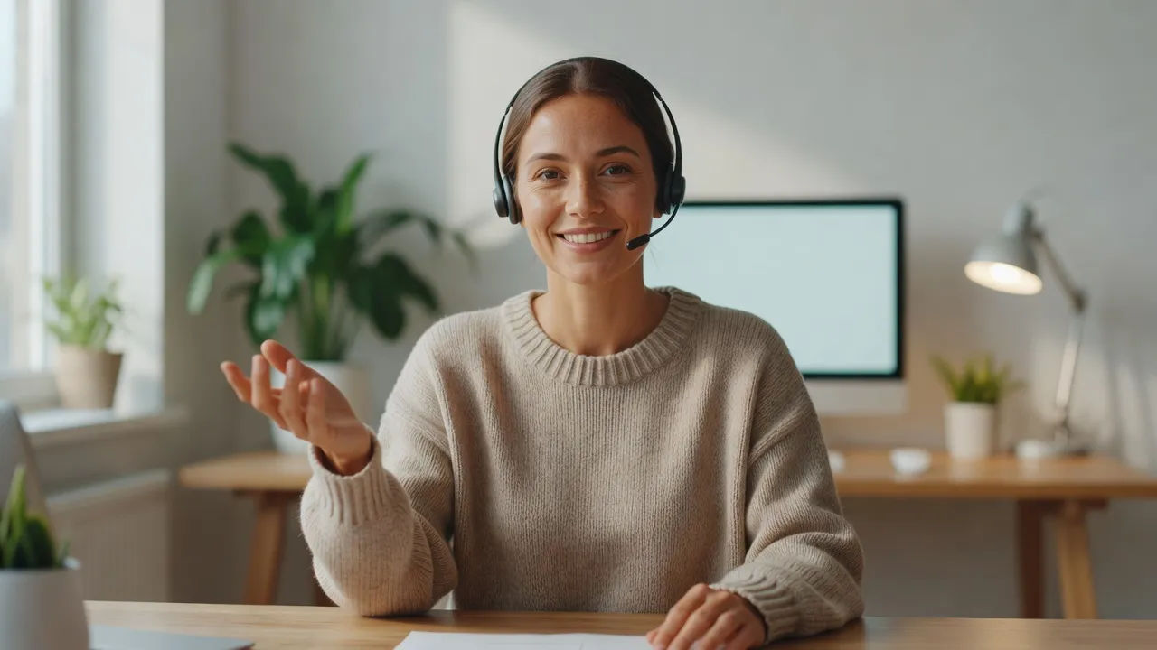 Friendly support presenter speaking to camera at a headset desk