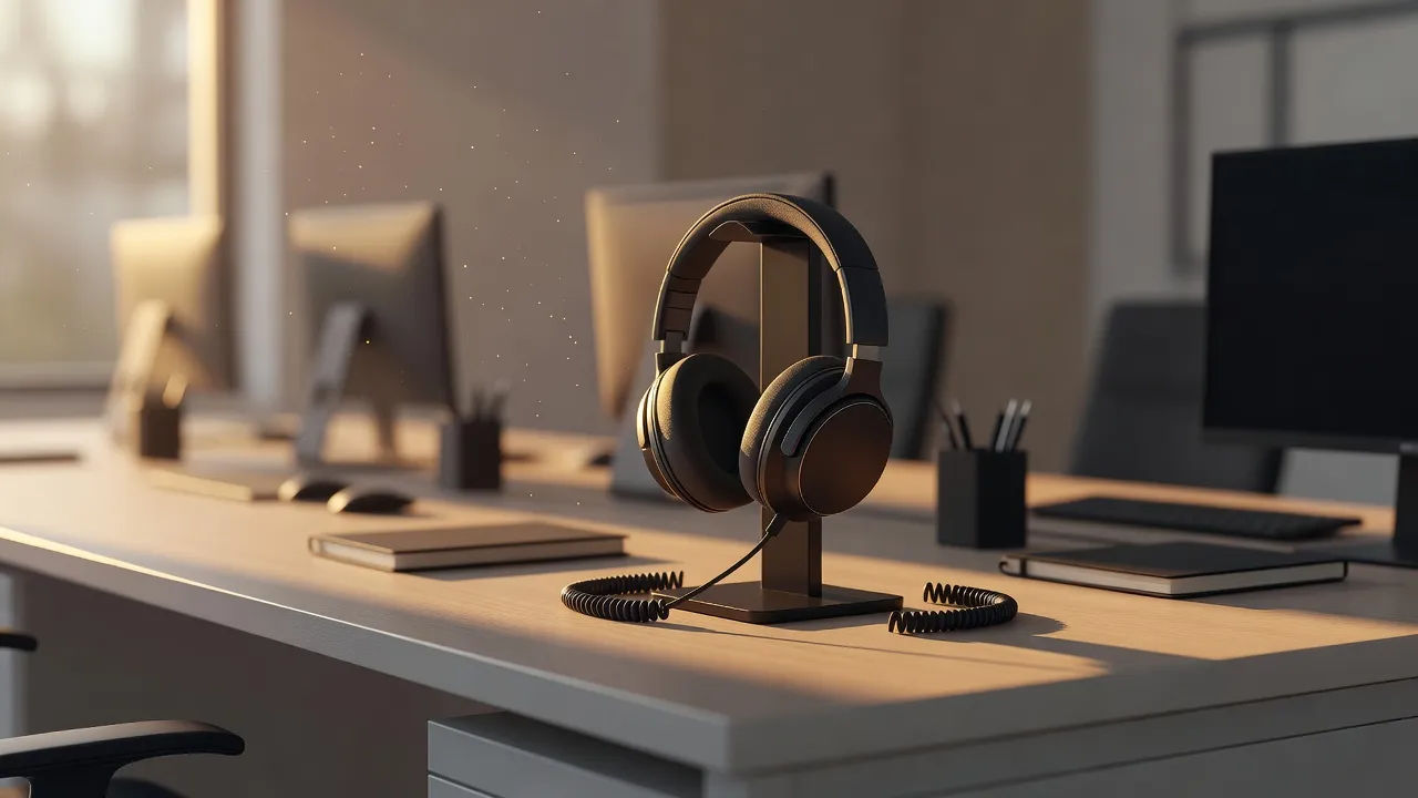 Headset resting on a tidy call-center desk