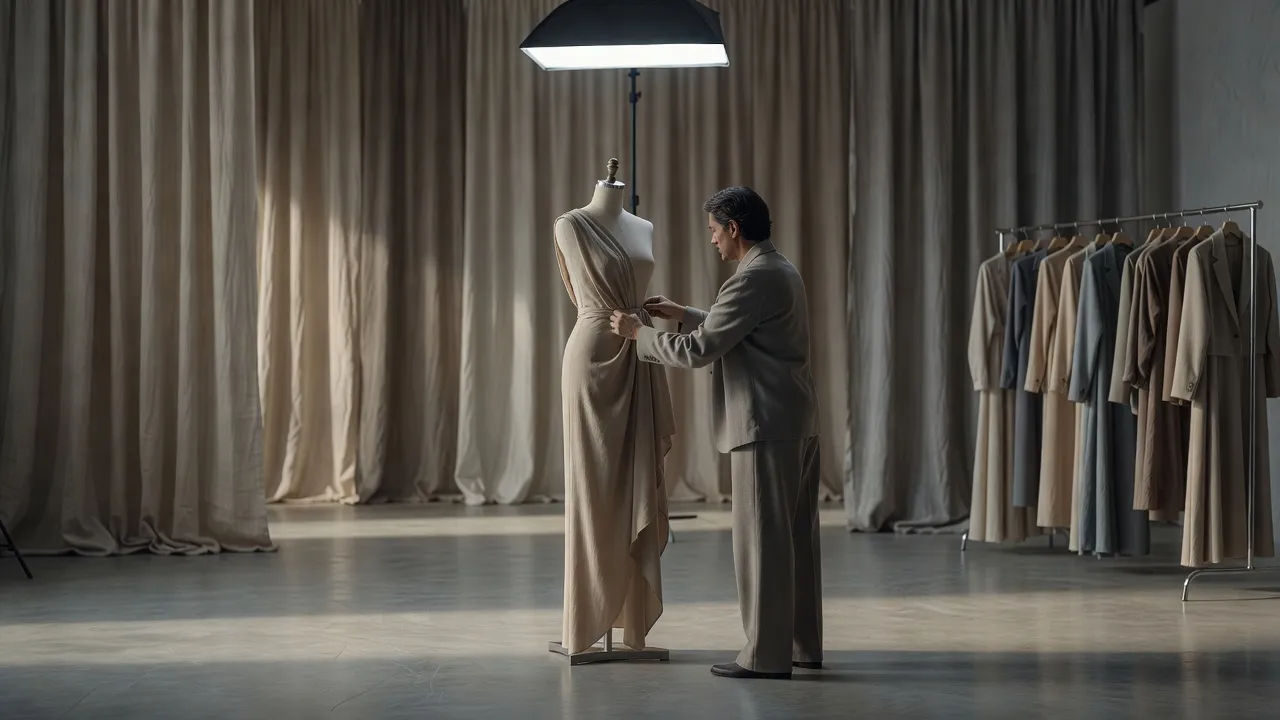 Fashion campaign set styled in muted, refined tones
