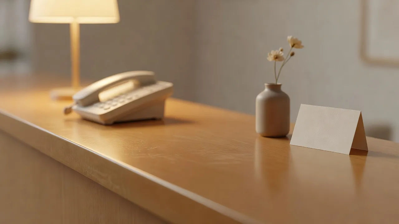 Tidy reception desk with a softly lit phone