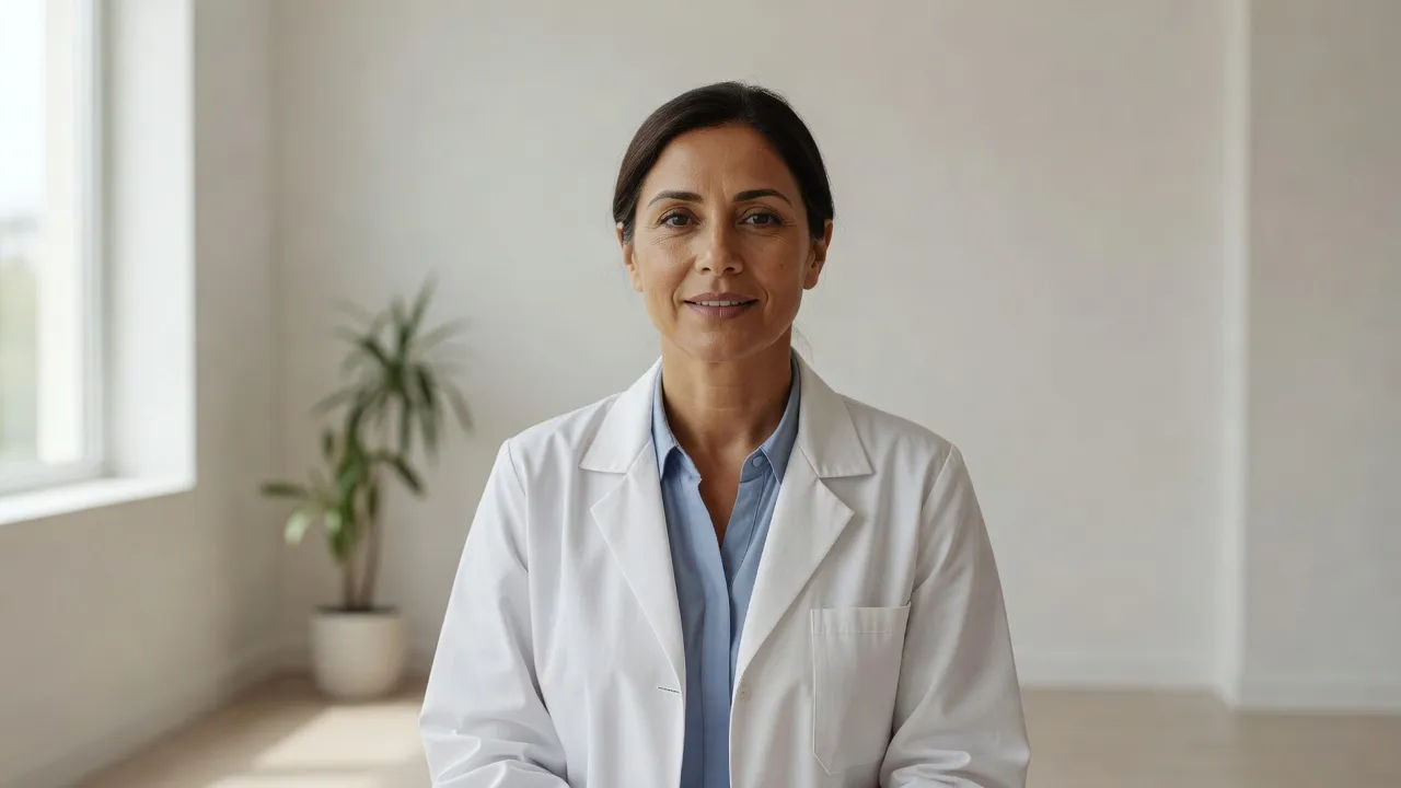 Composed clinician presenting to camera in a bright clinic