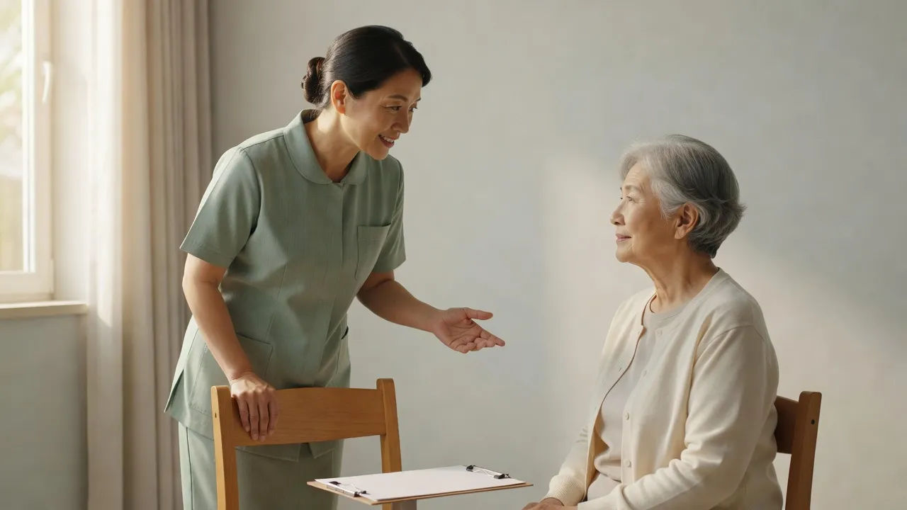 Reassuring nurse speaking with a seated patient