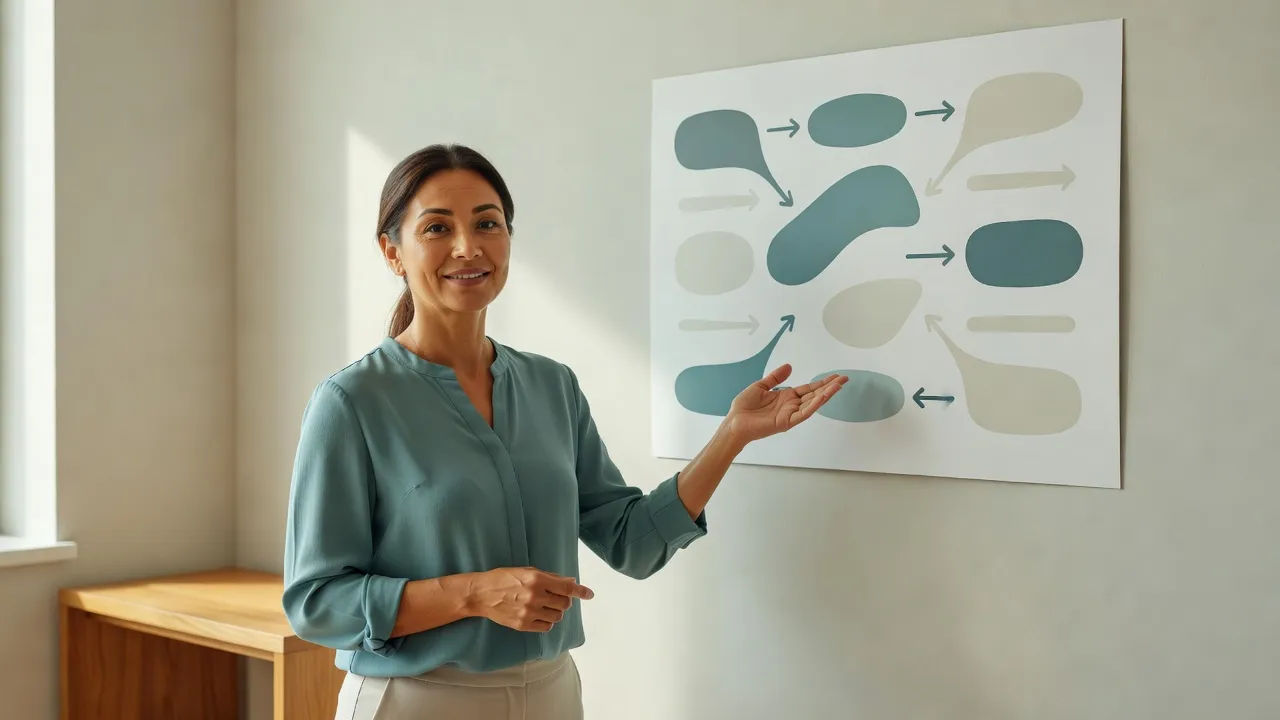 Friendly health educator gesturing at a simple diagram