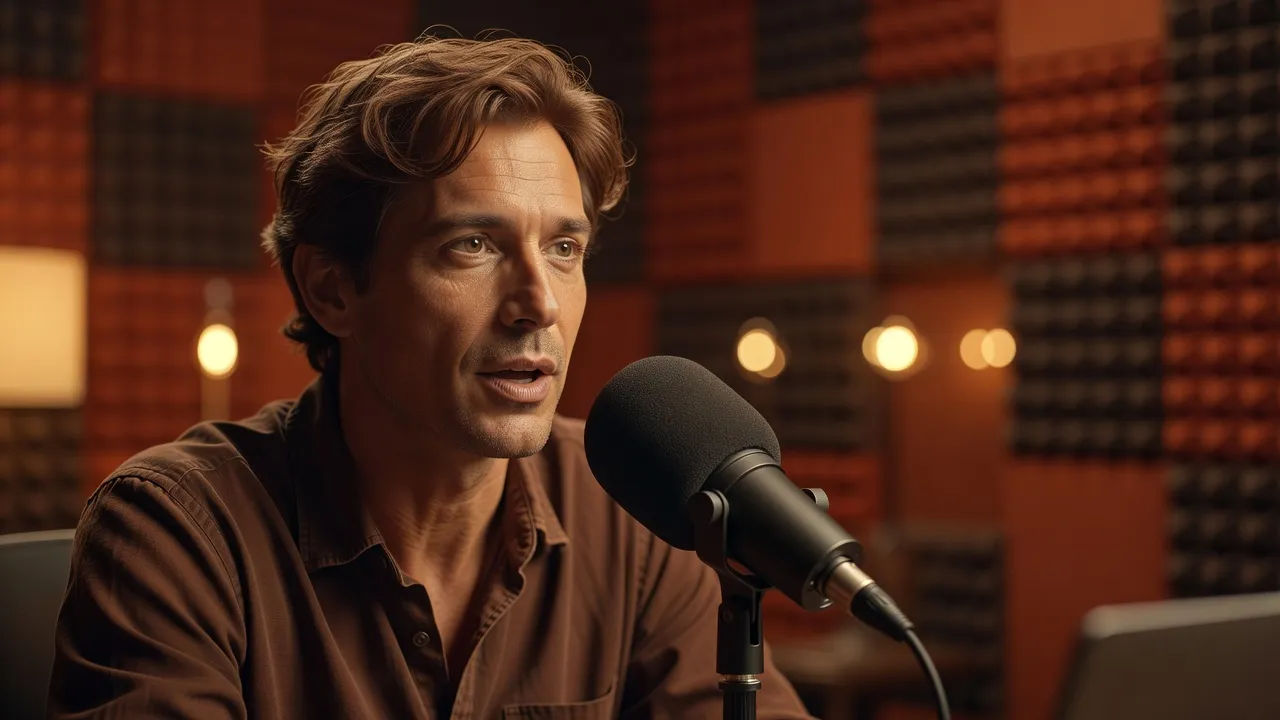 Host speaking into a studio microphone on camera