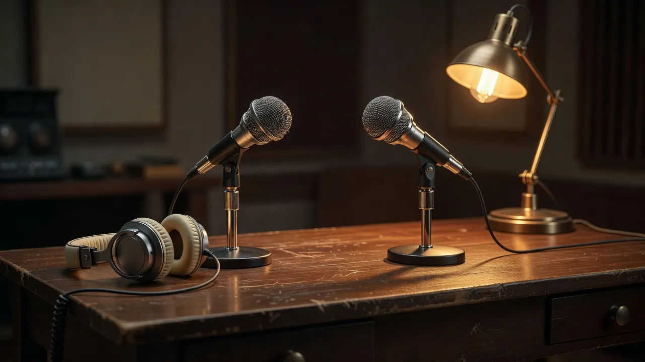 Two microphones facing each other across a recording desk