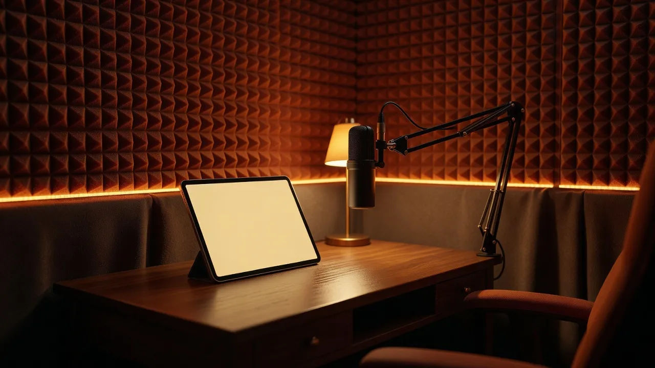 Recording booth with a script open on a tablet