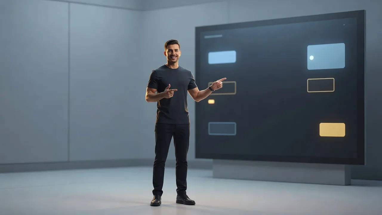 Presenter pointing at a product interface on a clean stage