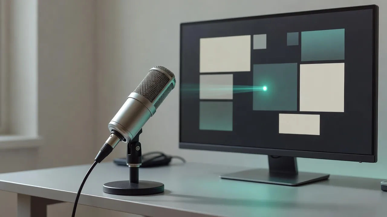 Microphone beside a screen showing an app walkthrough