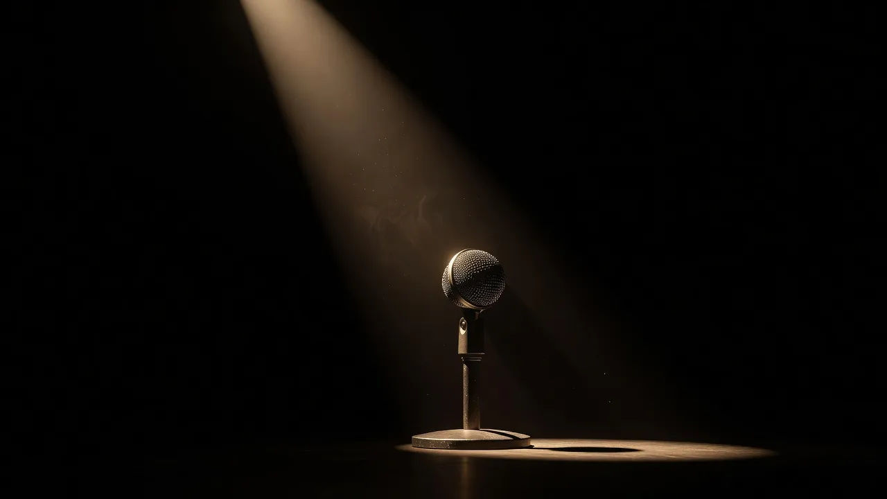 Microphone in a dramatic spotlight on a dark stage