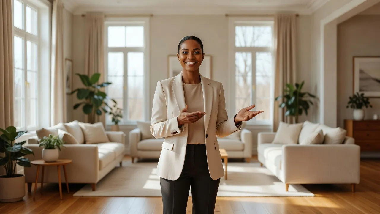 Polished agent presenting in a bright modern living room