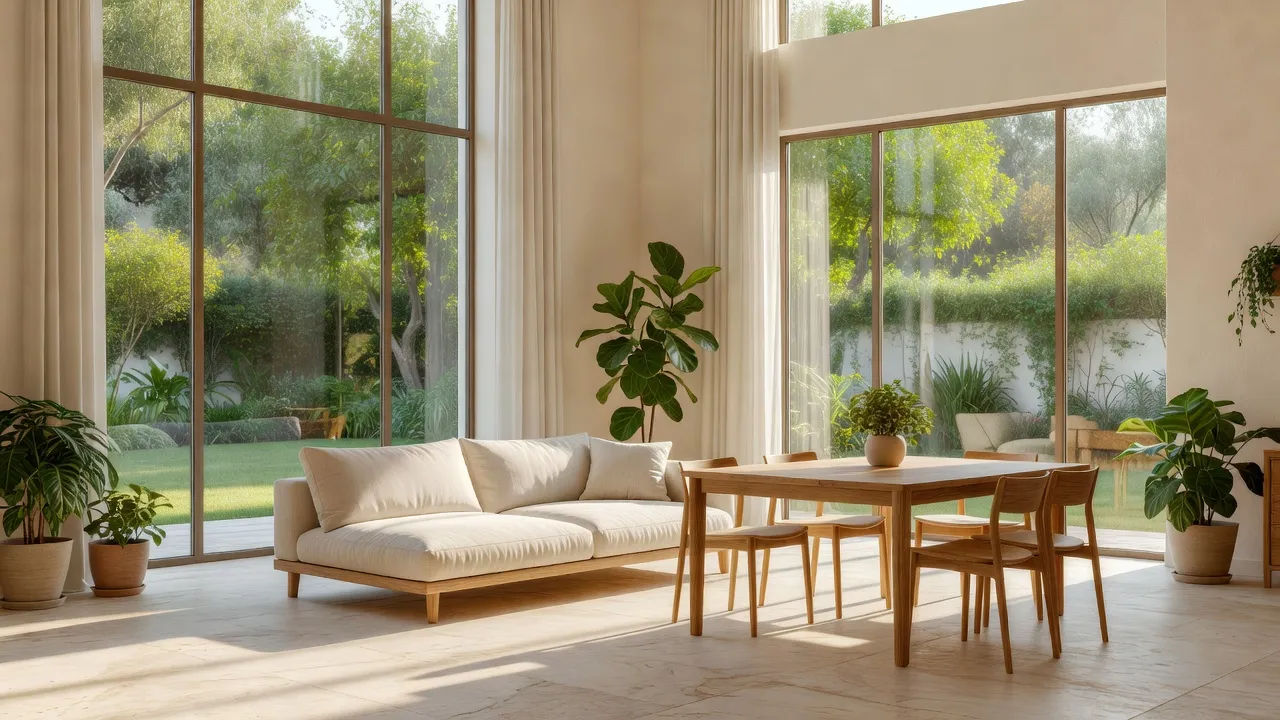 Sunlit open-plan home interior framed by tall windows