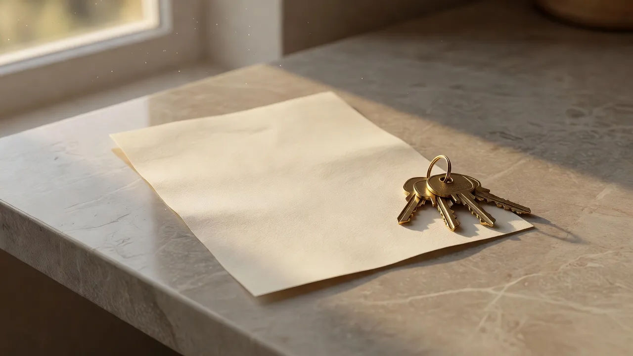 Listing script beside a set of house keys on a counter