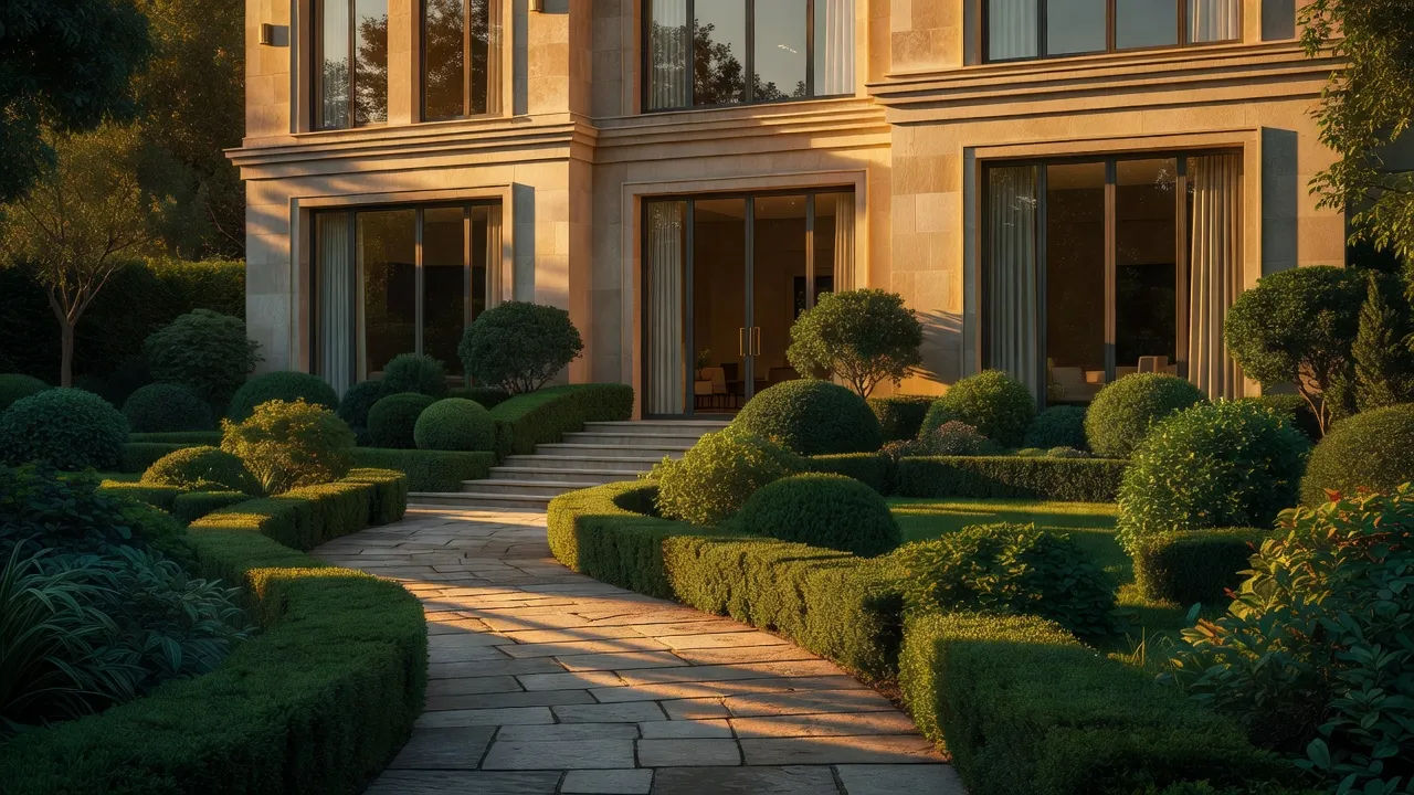 Elegant property facade at golden hour
