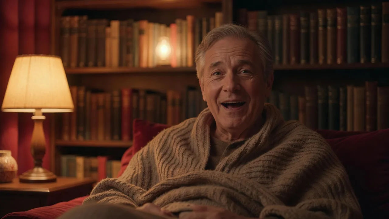 Friendly reader telling a story to camera in a cozy room