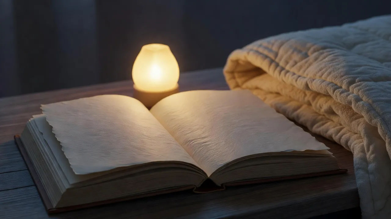 Open storybook beside a soft glowing nightlight