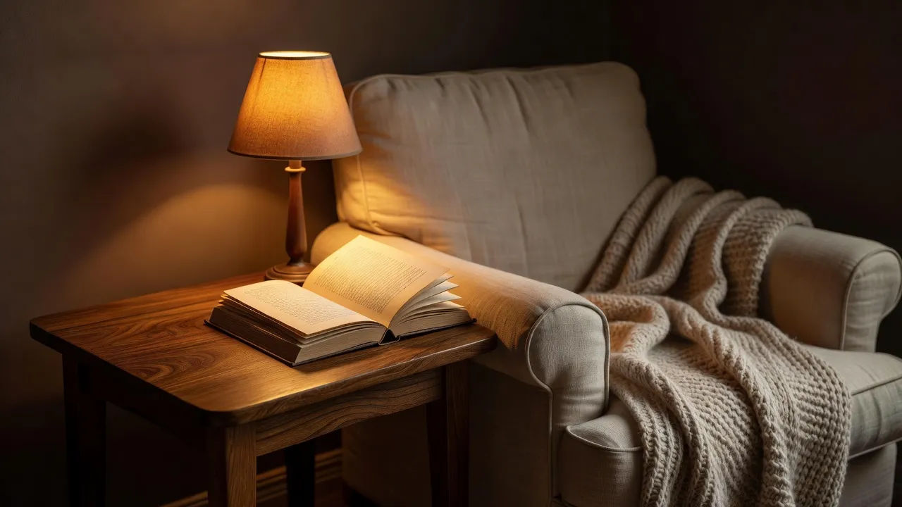 Cozy reading nook with a book open on a small lamp-lit table