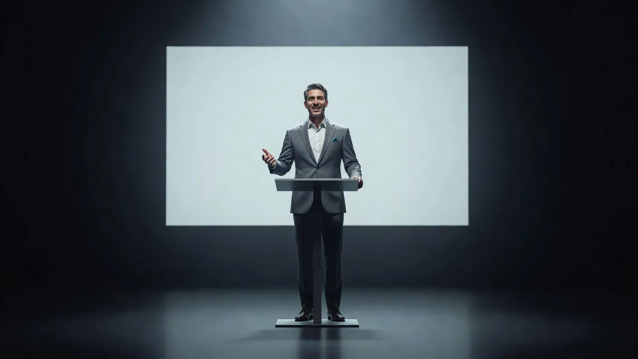 Keynote presenter on a clean, modern stage