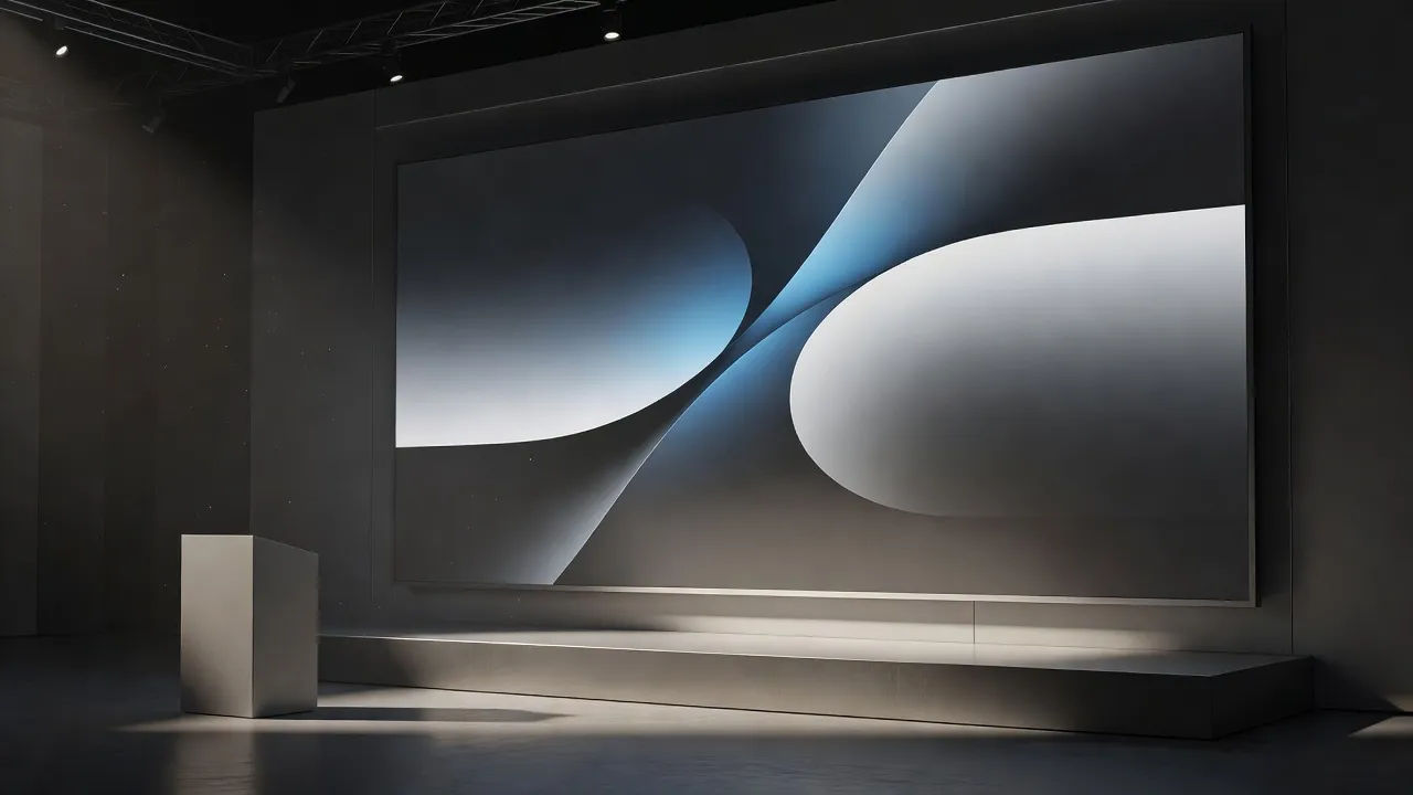 Product launch graphics on a sleek presentation screen