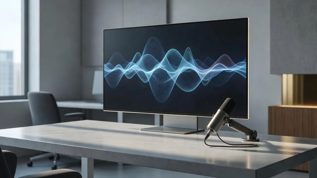 Audio waveform on a clean studio display in a tech office