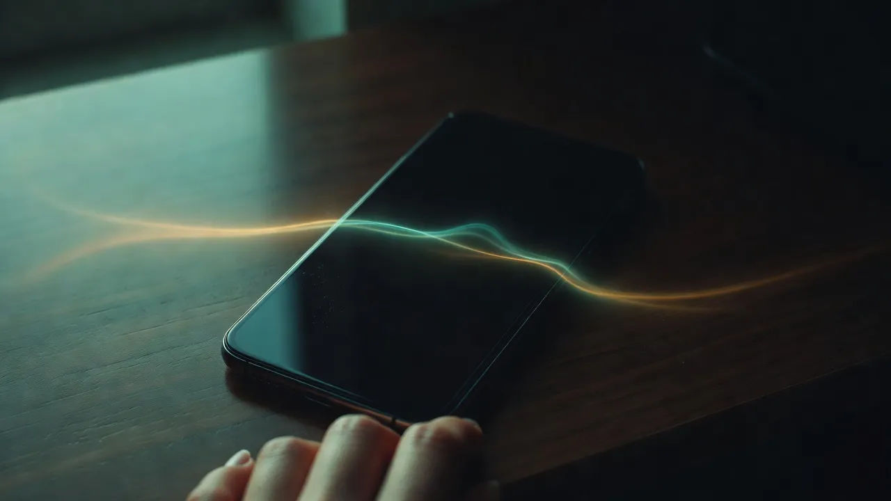 Script lines turning into a waveform over a phone screen