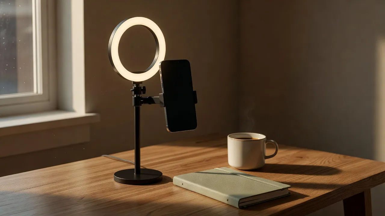 Phone propped on a ring light with a script on screen